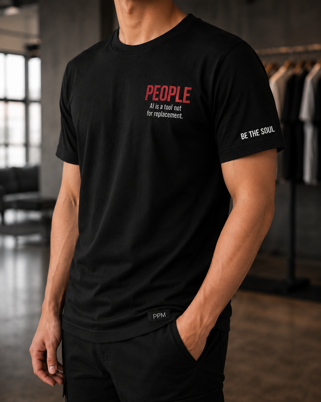 Front view of PPM black tee with PEOPLE print and label detail