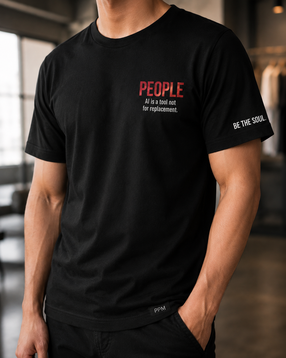 Front view of PPM black tee showing sleeve BE THE SOUL print